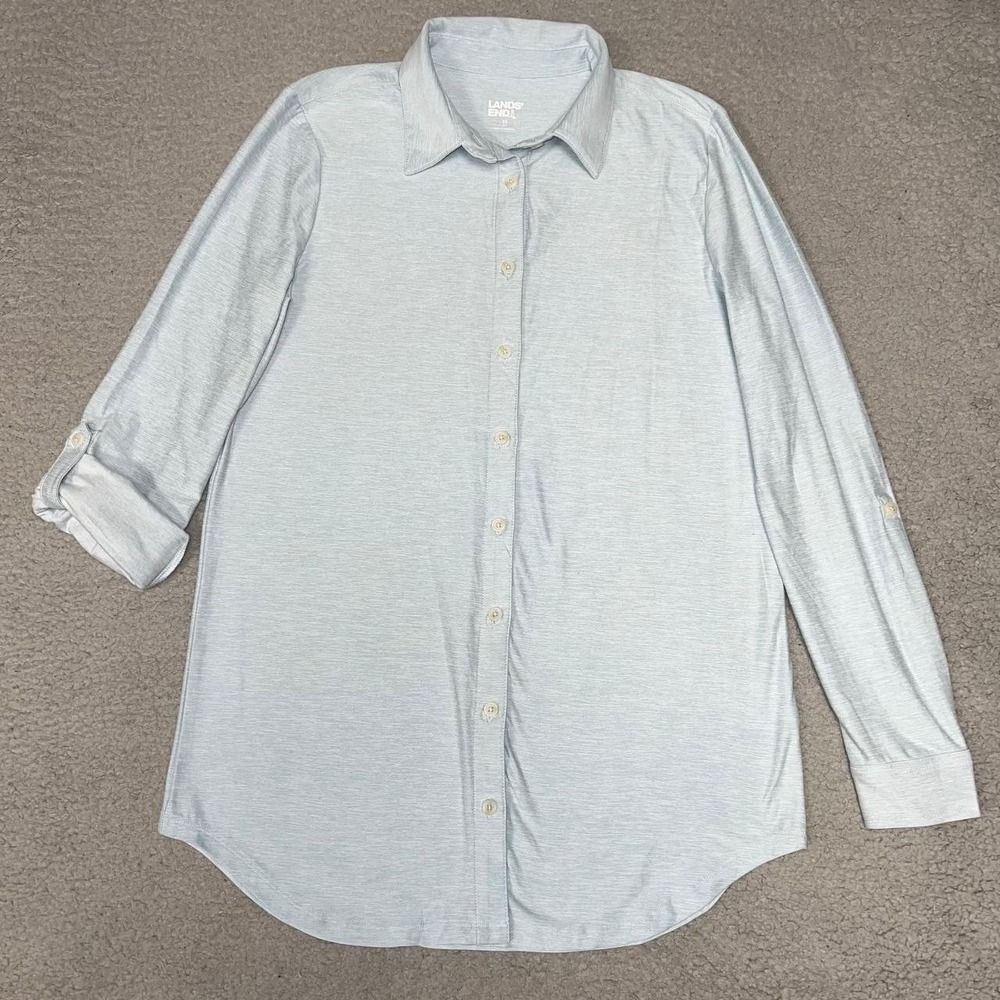 Lands' End Shirt Women's Sz XS (2-4) Light Blue Roll Tab Sleeve UPF50+ Button Up